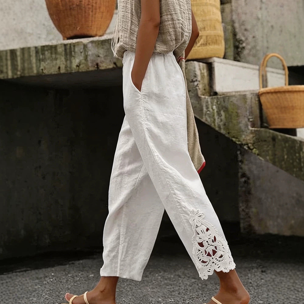 Pantalon en lin élégant pour femmes avec délicate dentelle R&B