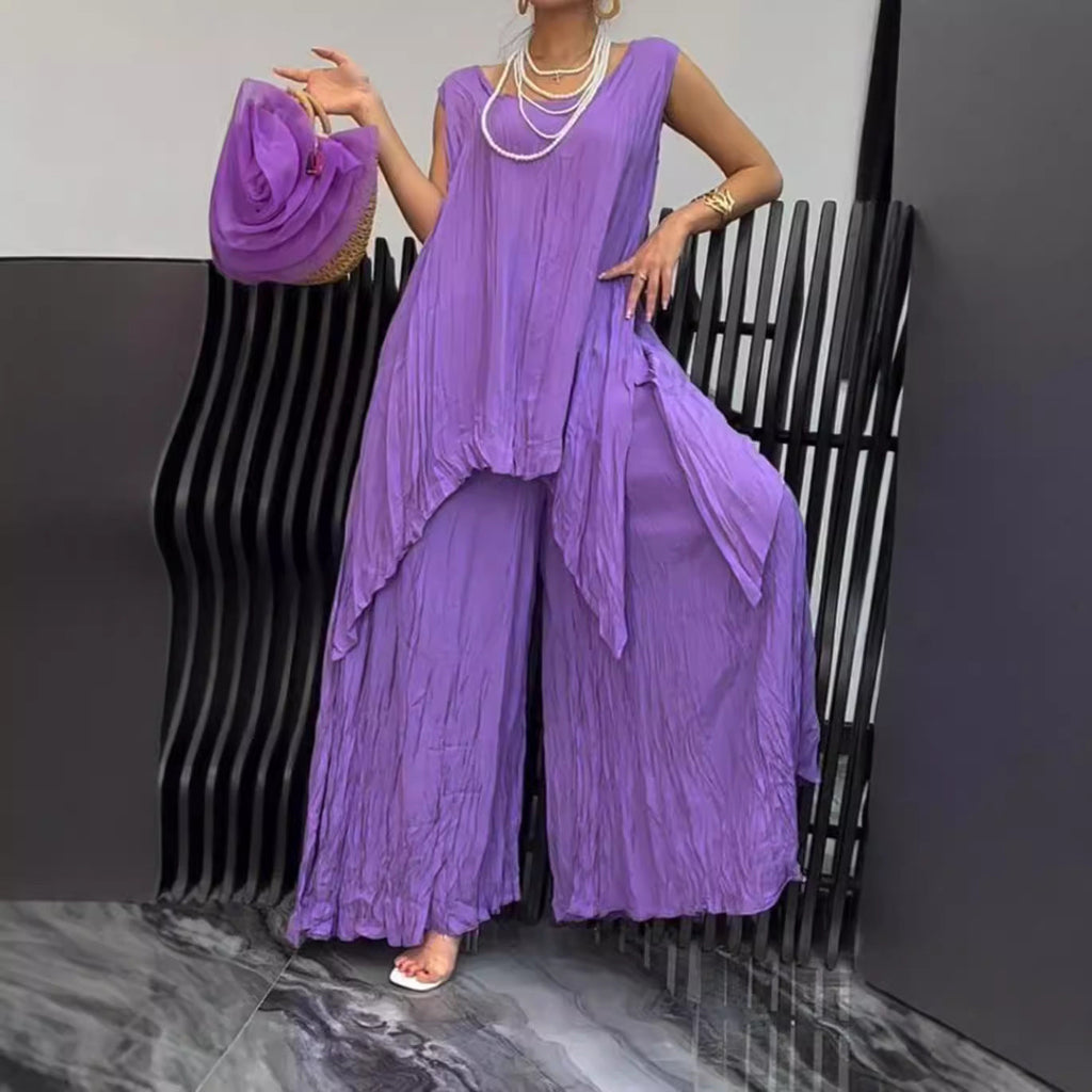 Ensemble léger à effet froissé pour femmes avec tunique sans manches et pantalon palazzo R&B