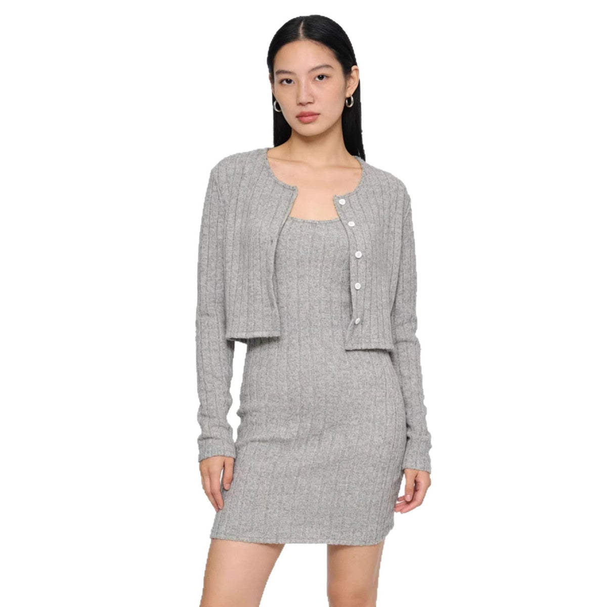 Robe en tricot côtelé pour femmes avec cardigan court assorti