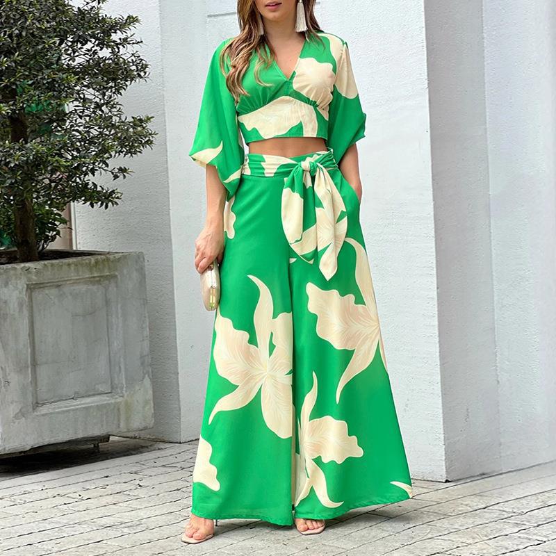 Ensemble d'été deux pièces pour femmes avec crop-top à nouer et pantalons palazzo taille haute EB