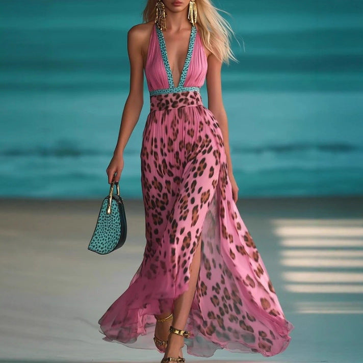 Robe maxi femme avec décolleté en V profond, dos nu tressé, imprimé léopard, jupe en chiffon plissé et fente latérale R&B