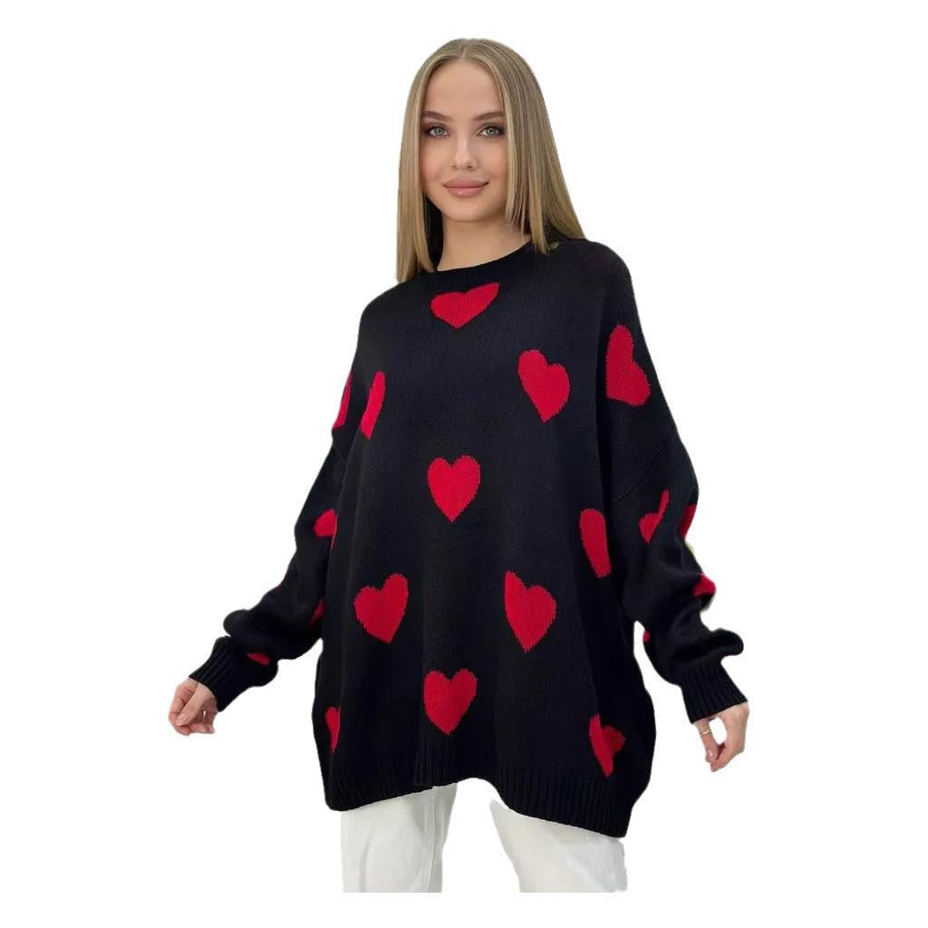 Pull en tricot oversize pour femmes avec motif en cœur, bords côtelés et silhouette ample Echoarchiv