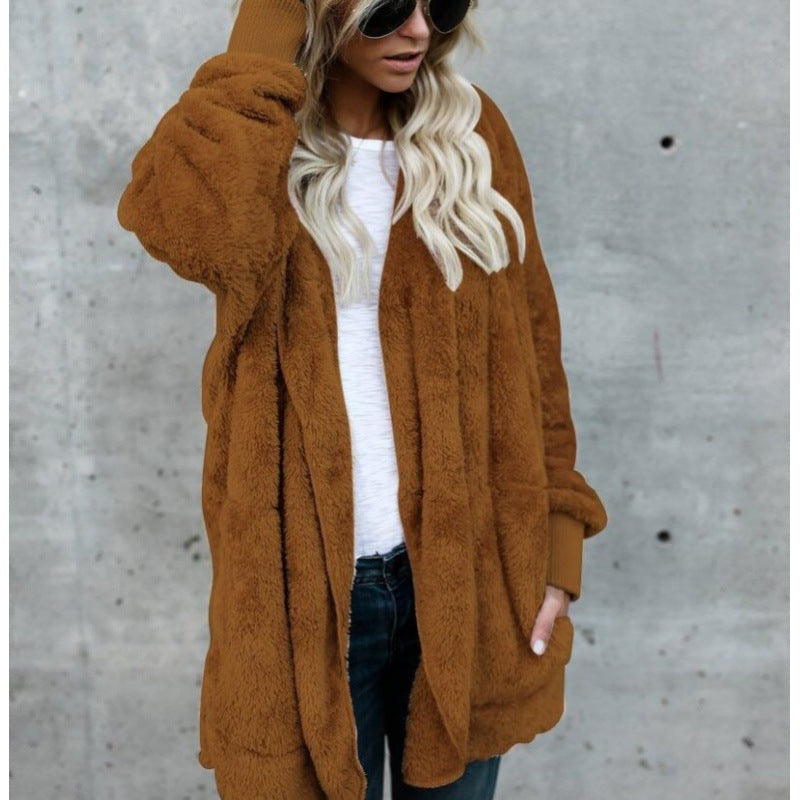 Manteau en Teddy‑Fleece oversize pour femmes avec ouverture frontale, poches latérales et bords côtelés Echo Archive
