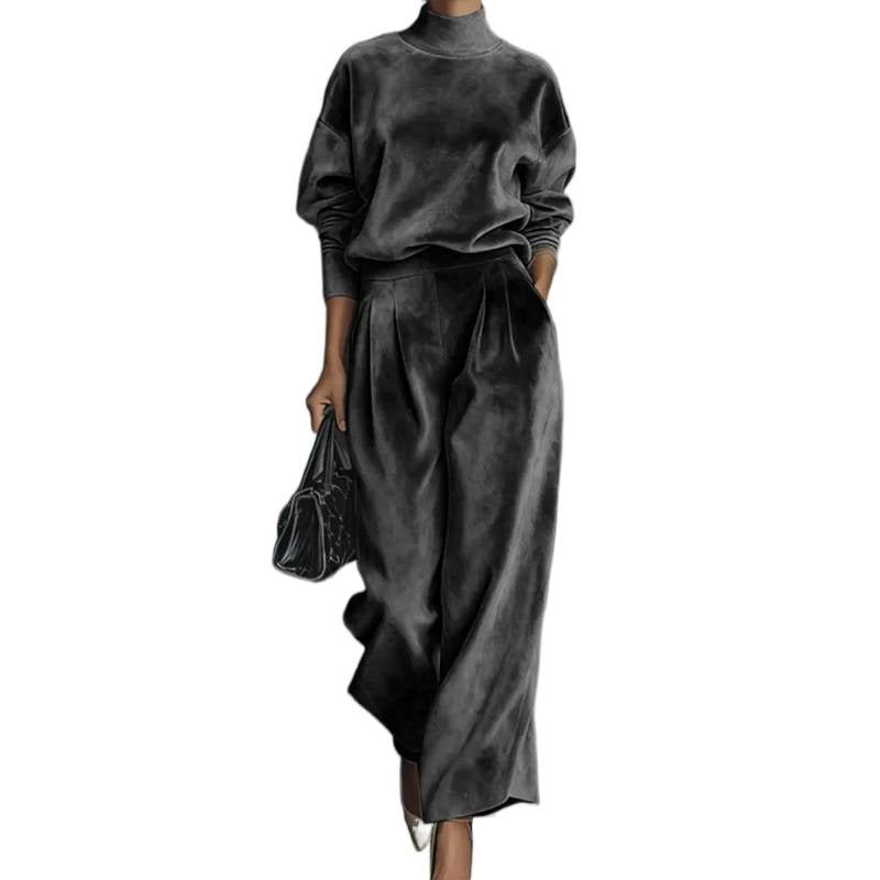 Ensemble de Loungewear en Velours à Deux Pièces pour Femmes avec Col Montant et Pantalon Palazzo Plissé Echoarchiv