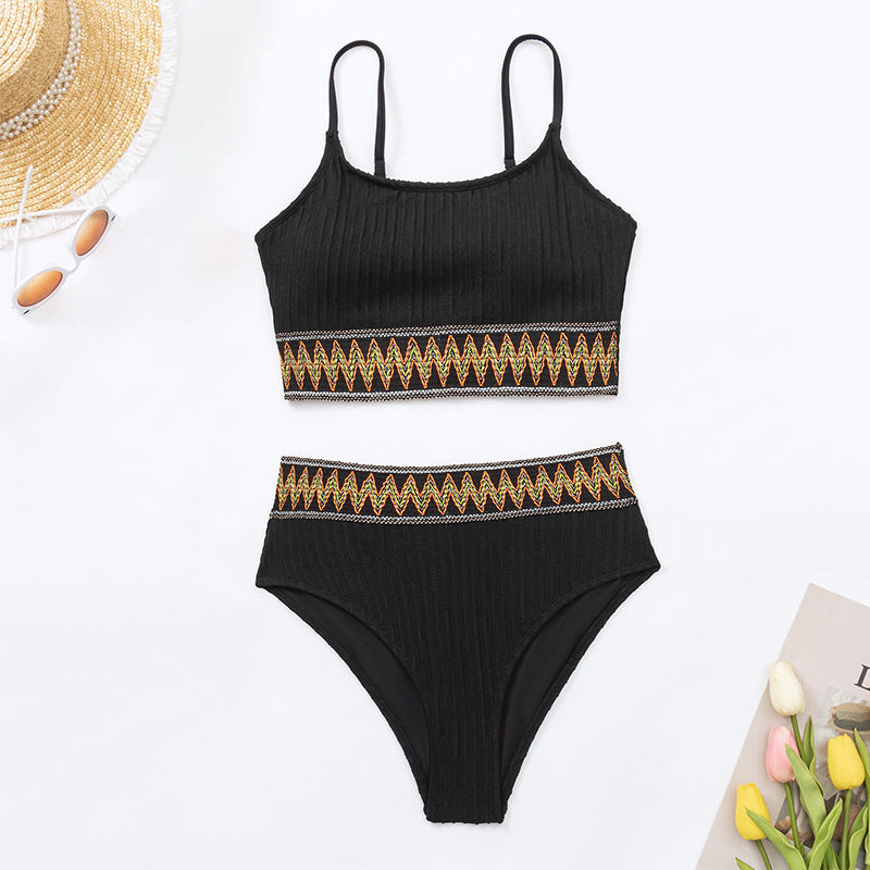 Ensemble de bikini taille haute pour femmes avec haut structuré et motif zigzag décoratif R&B