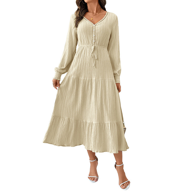 Robe midi crinkle pour femmes avec décolleté en V, patte de boutonnage, ceinture ajustée et jupe à volants Echoarchiv