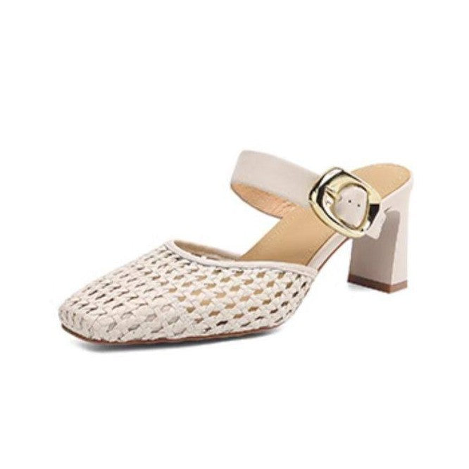 Mules élégantes pour femmes avec tressage à la mode et talon bloc confortable R&B