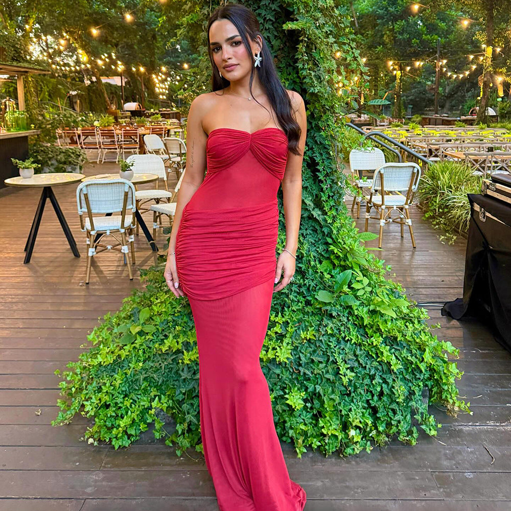 Robe maxi élégante sans bretelles pour femmes avec drapé raffiné et inserts transparents Heidi-Mode