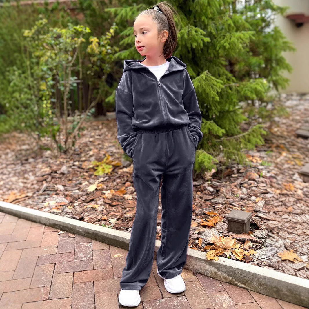 Ensemble de jogging à capuche en velours pour femmes avec fermeture éclair intégrale, ceinture élastique à cordon et jambe droite