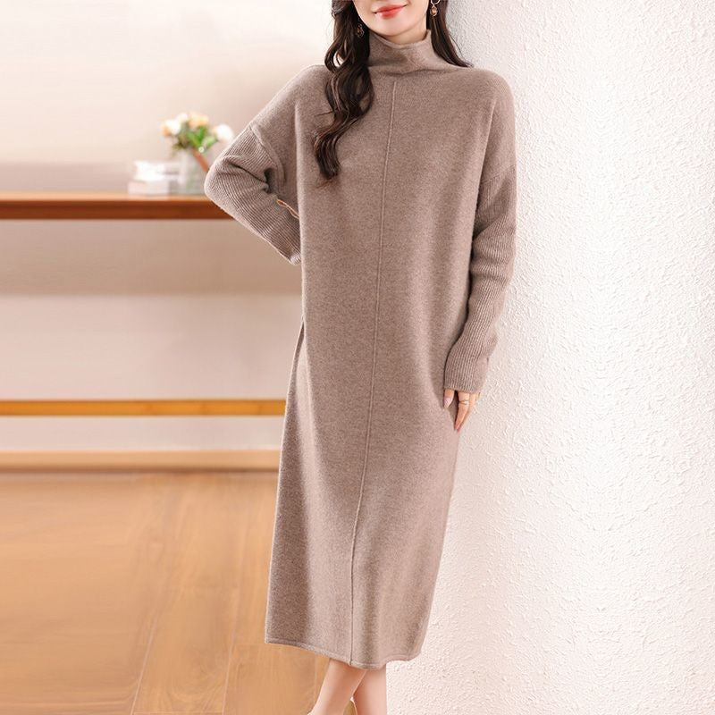 Robe Longue Tricotée pour Femme avec Col Montant et Manches Longues