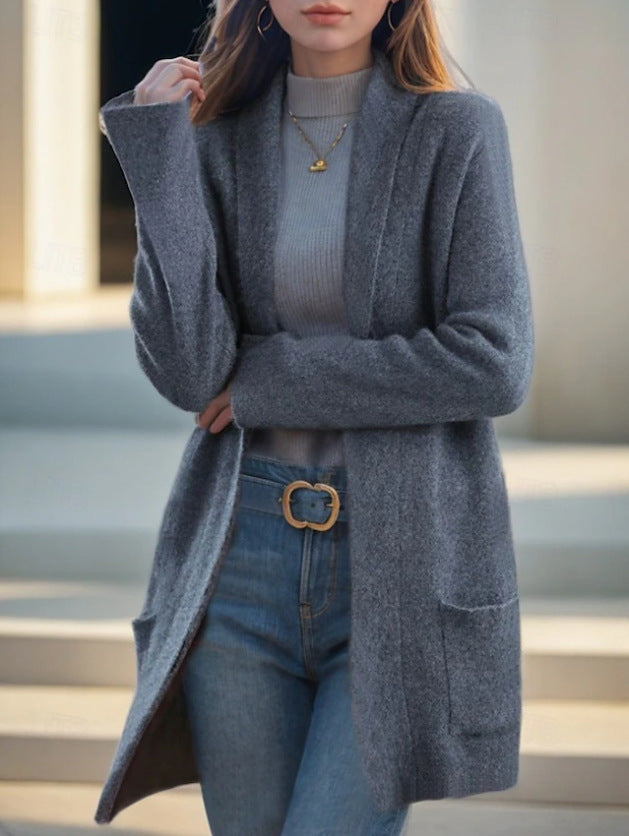 Cardigan long ouvert pour femmes en tricot doux avec poches plaquées