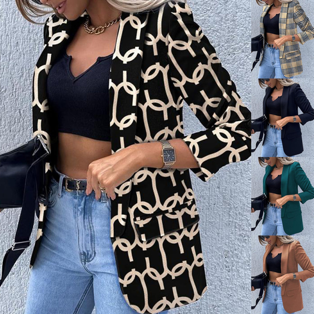 Blazer long à motifs pour femmes avec motif chaîne, silhouette cintrée et poches à rabat Echoarchiv