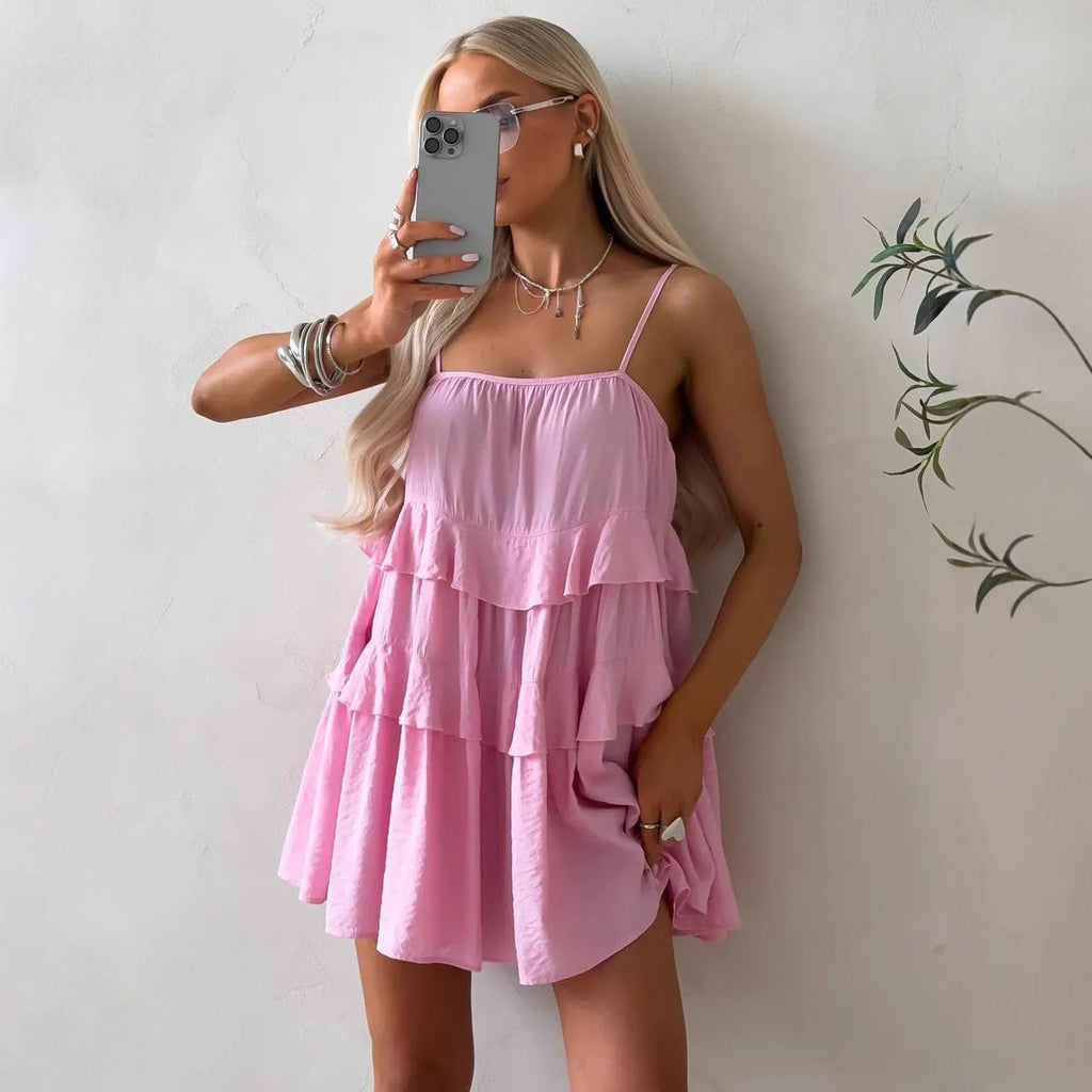 Robe à volants pour femmes en coton léger avec détails en dentelle R&B