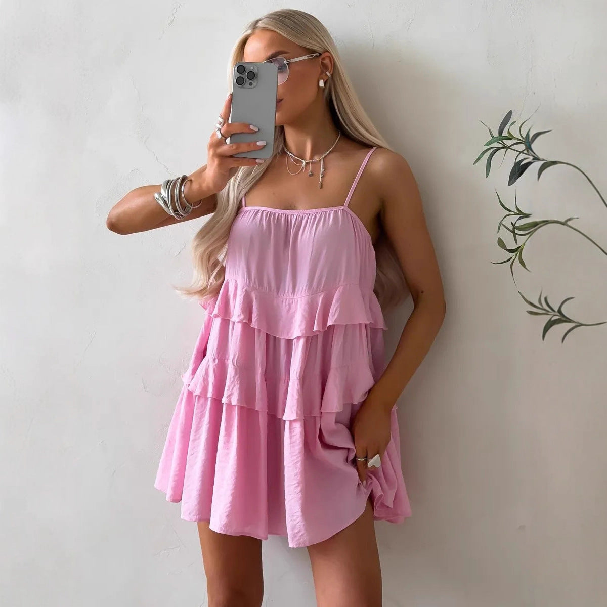Robe à volants pour femmes en coton léger avec détails en dentelle R&B