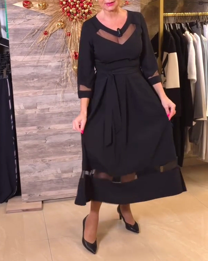 Robe midi cintrée pour femmes avec inserts en mesh transparent, ceinture à nouer et coupe A féminine R&B