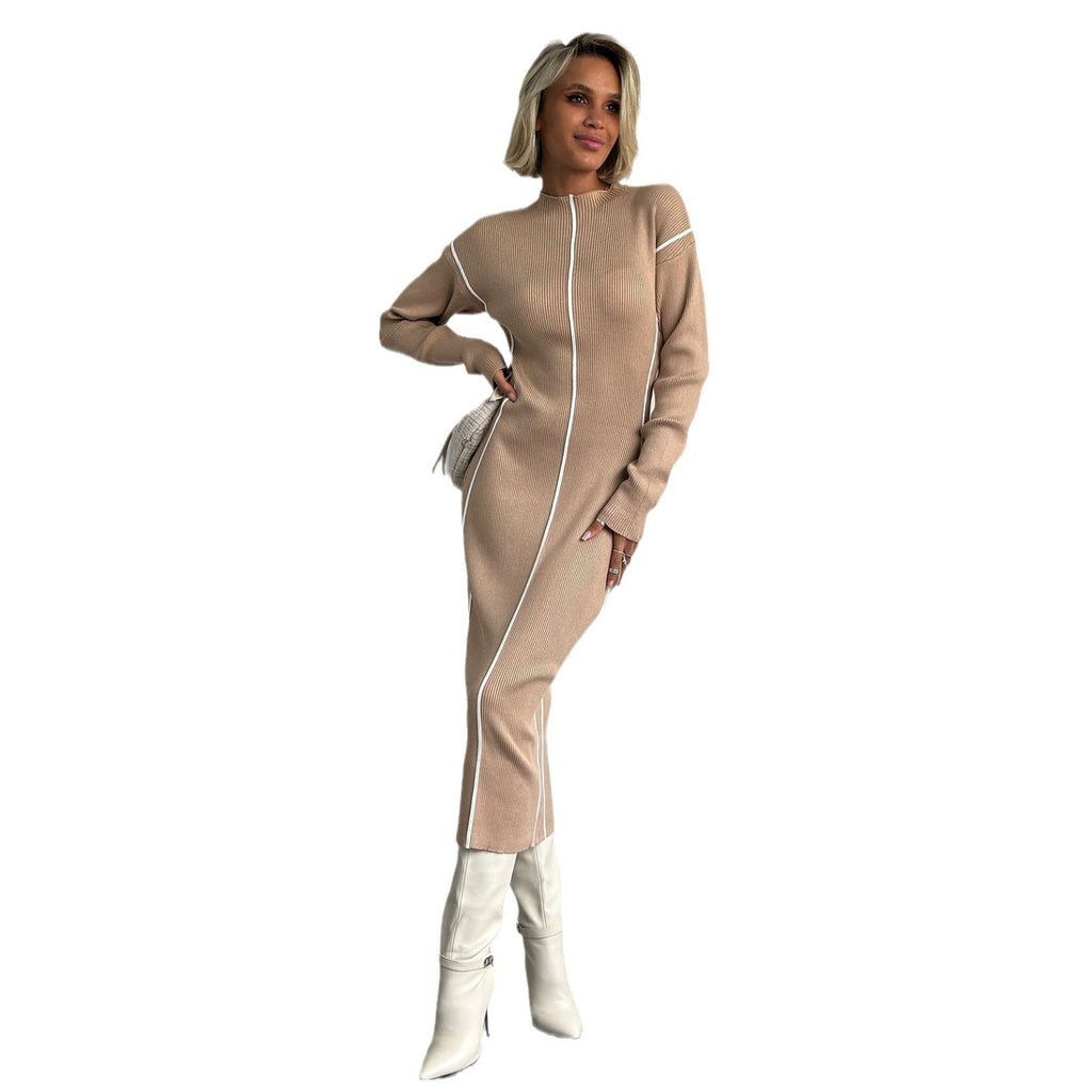 Robe midi ajustée pour femmes avec col montant, coutures contrastées verticales et manches longues en tricot côtelé