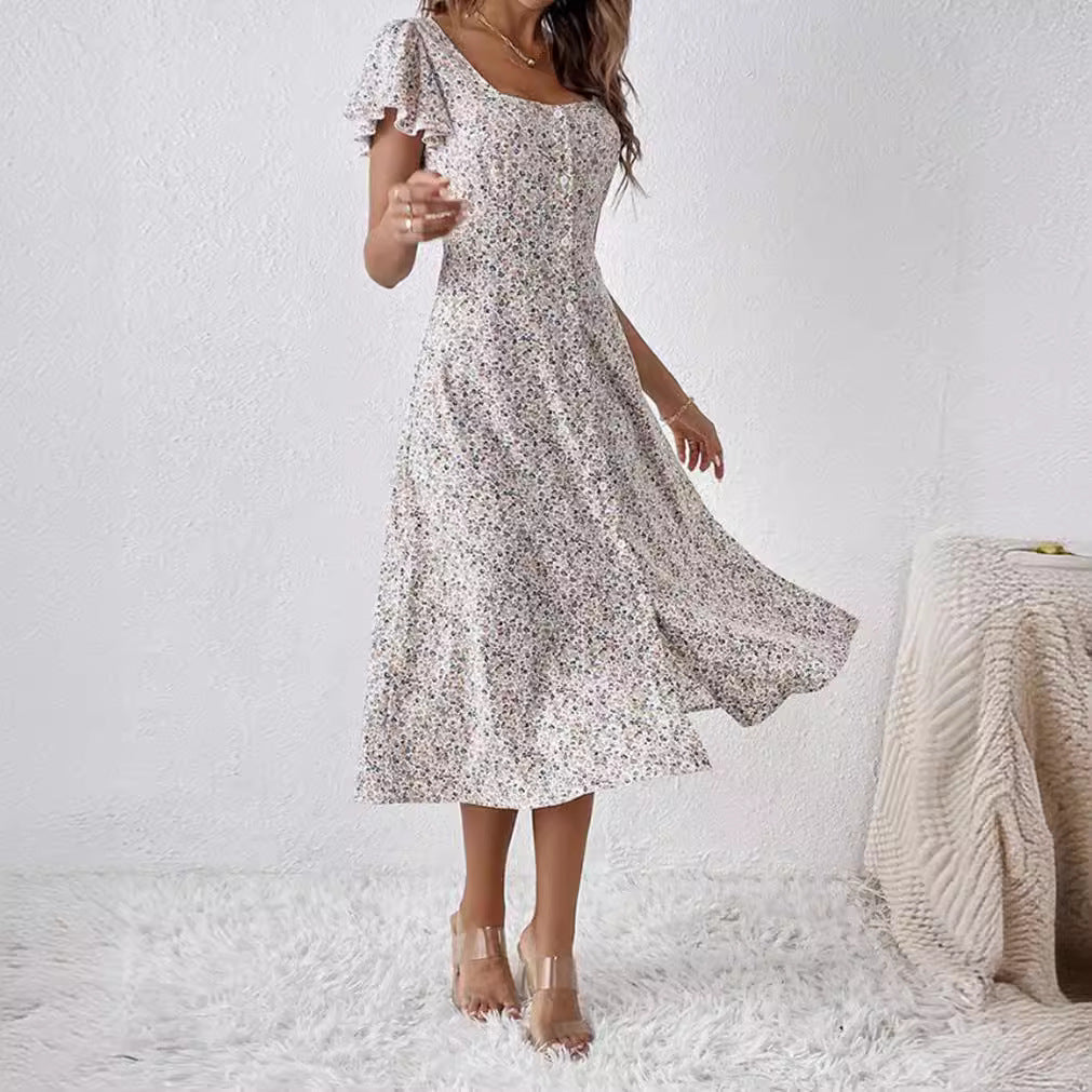 Robe midi cintrée pour femmes avec décolleté carré, patte de boutonnage cachée et jupe fluide en A R&B