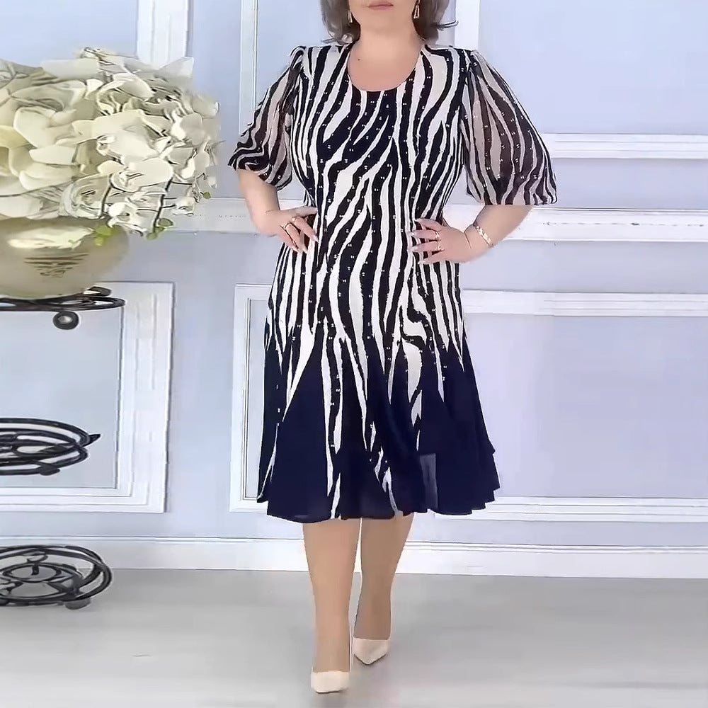 Robe midi cintrée pour femmes avec motif animal graphique, manches bouffantes transparentes et jupe plissée fluide R&B