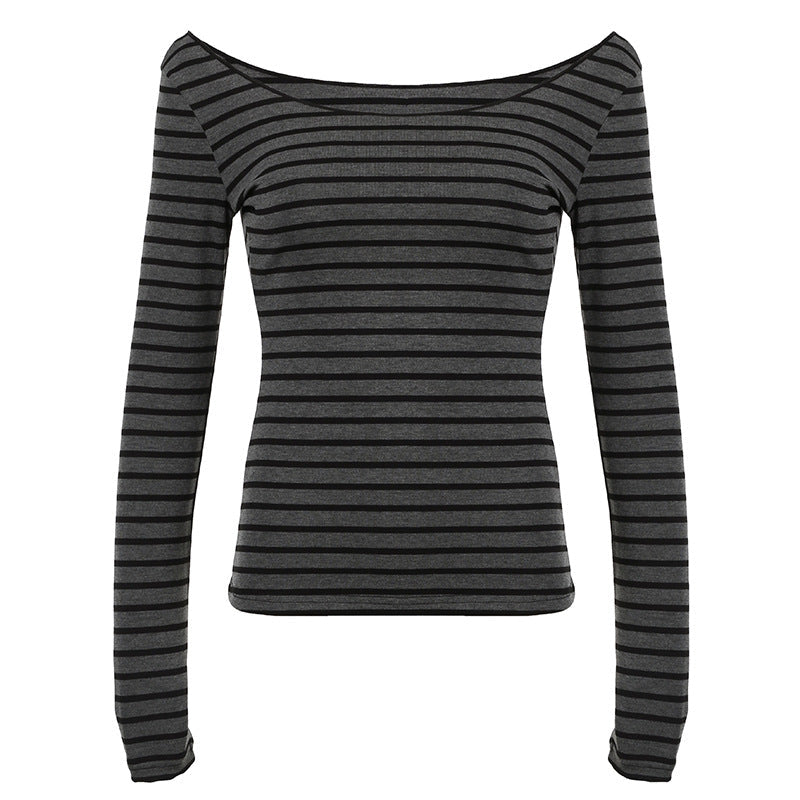 T-shirt à manches longues rayé sans épaules pour femmes avec un large décolleté bateau et une taille cintrée Echo Archiv