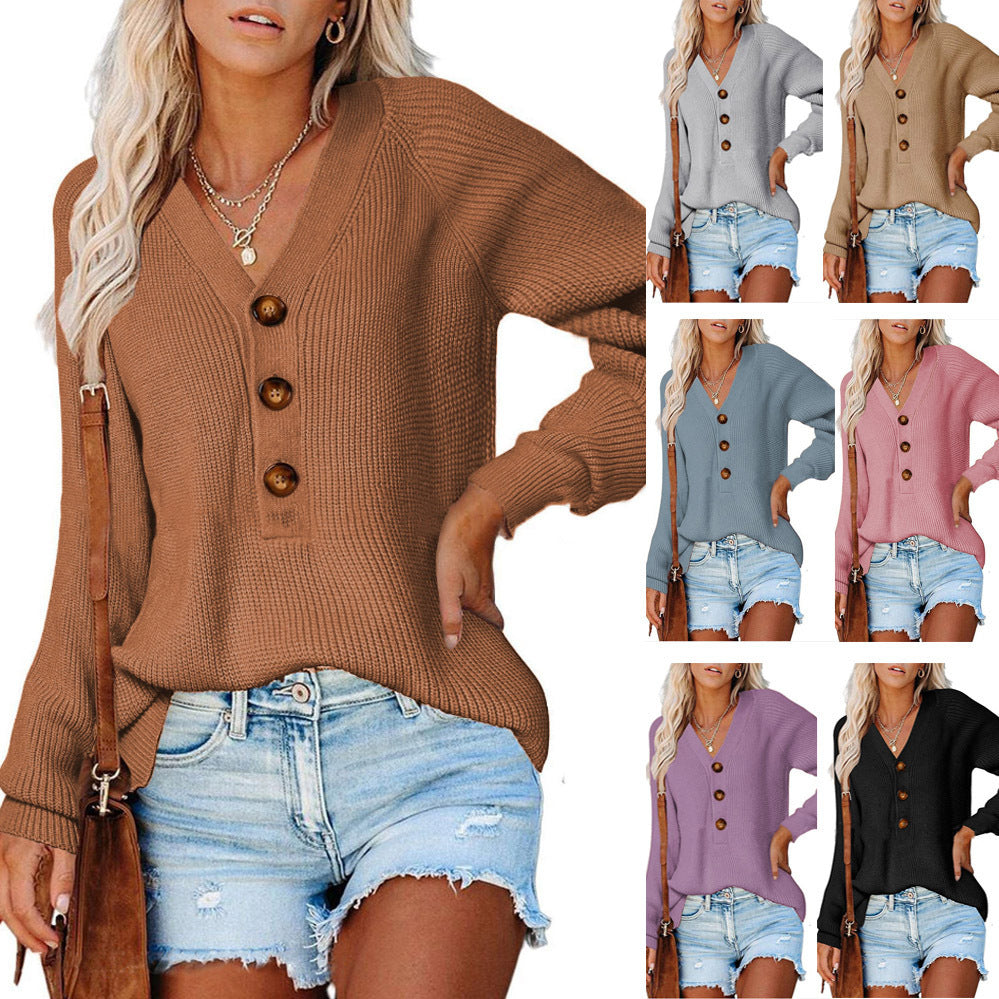 Pull en tricot côtelé pour femmes avec décolleté en V, patte de boutonnage décorative et manches ballon Echoarchiv