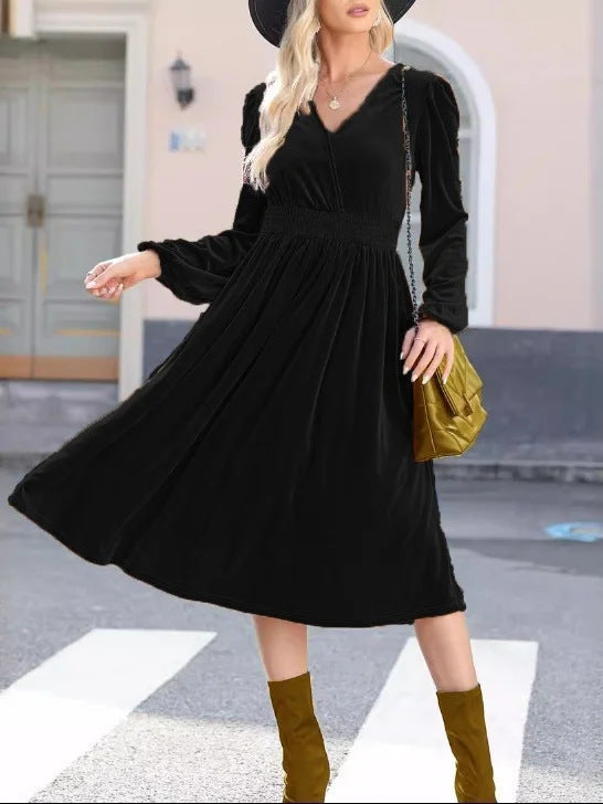 Robe midi en velours pour femmes avec décolleté en V, taille smock froncée et manches ballon longues