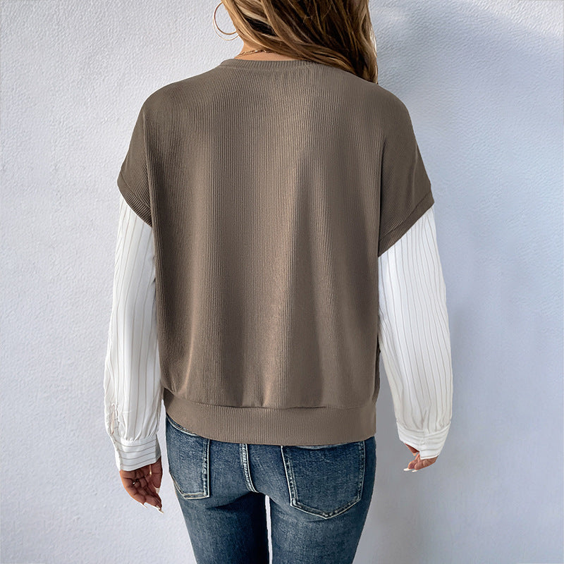 T-shirt long casual pour femmes avec haut en rib et manches de blouse rayées Echoarchiv