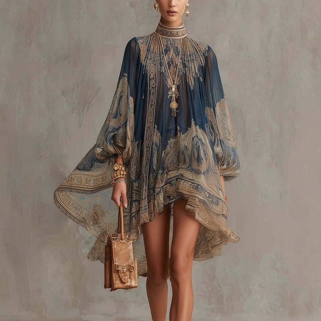 Robe tunique en chiffon éthéré pour femmes avec col montant et manches ballon Echoarchiv