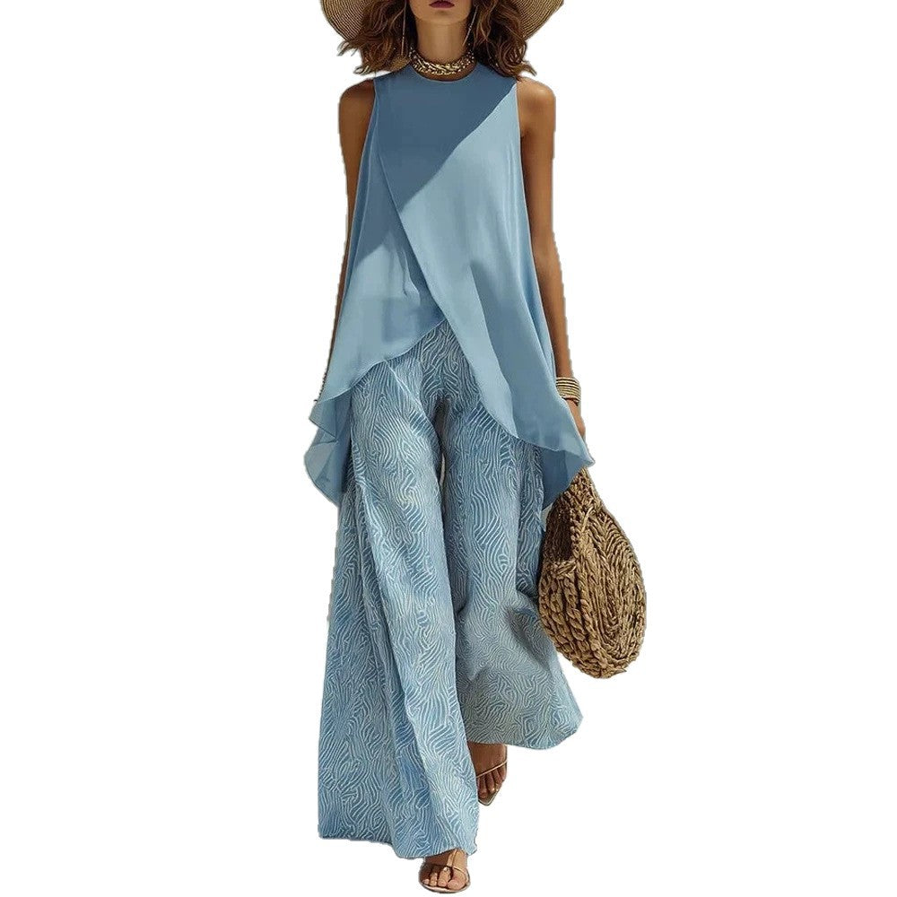 Ensemble élégant et léger pour femmes avec top asymétrique et pantalons larges R&B