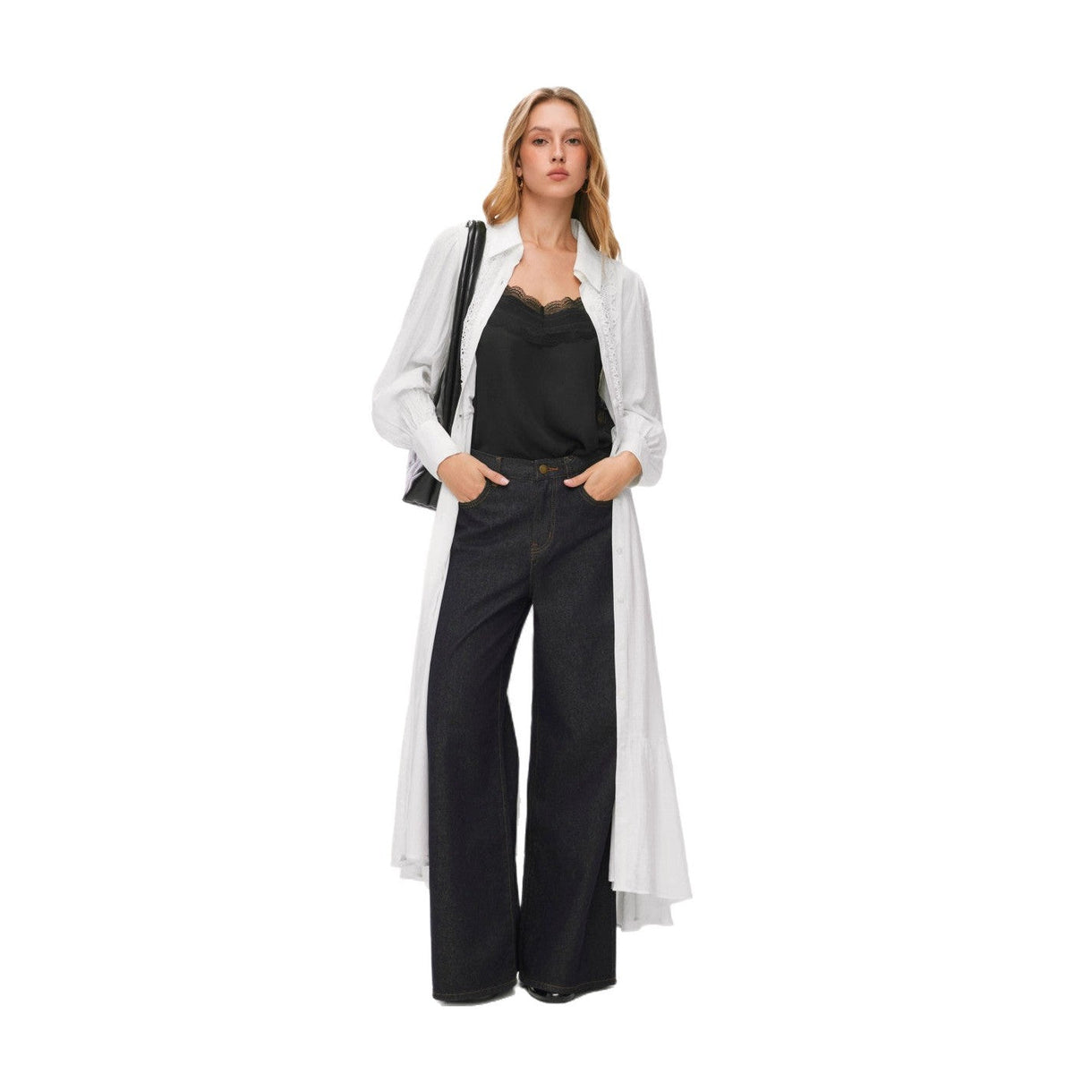 Robe chemise longue pour femmes avec dentelle, taille cintrée et jupe à volants