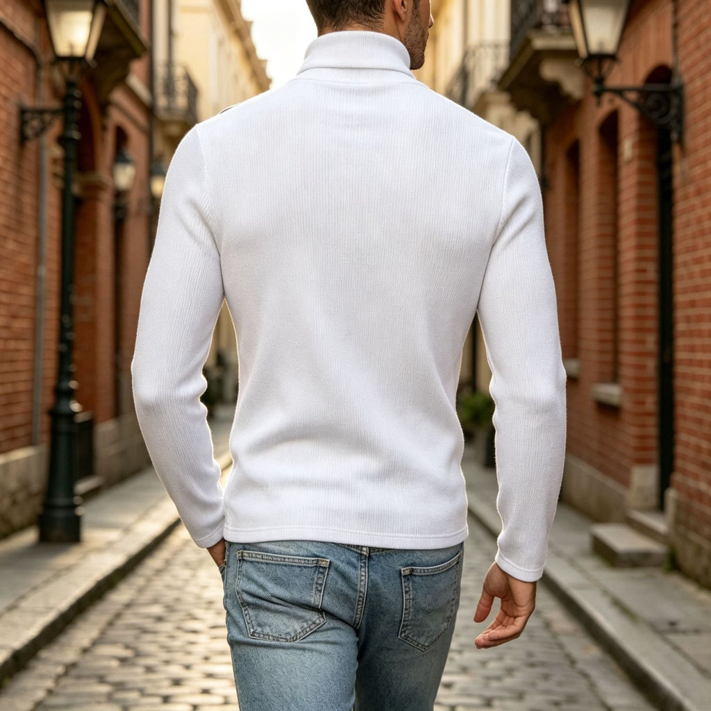 Pull à col roulé Slim-Fit pour hommes avec patte de boutonnage décorative asymétrique en maille côtelée Echoarchiv
