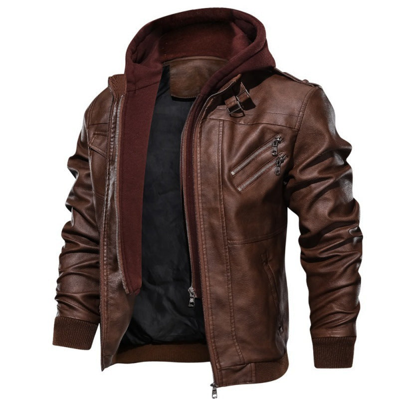 Veste de biker en simili cuir pour hommes avec capuche amovible, col montant, épaulettes et multiples poches zippées Echo Archiv
