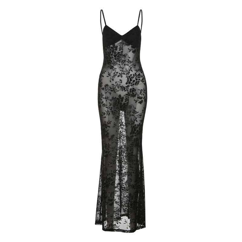 Robe Maxi Élégante en Dentelle pour Femmes avec Bretelles Fines et Effet Transparent Heidi-Mode