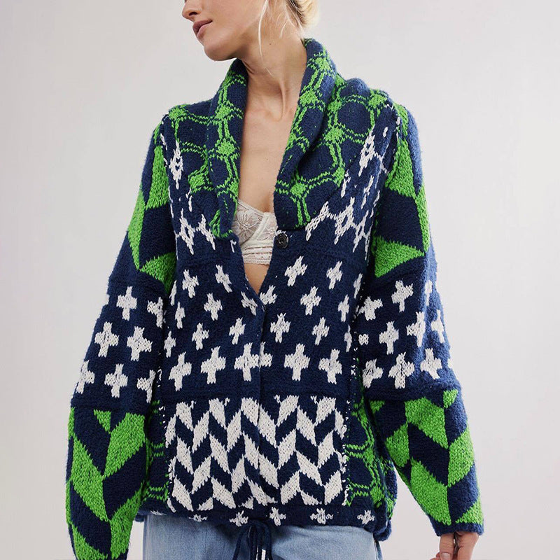 Cardigan oversized pour femmes avec col châle et motif graphique Echoarchiv