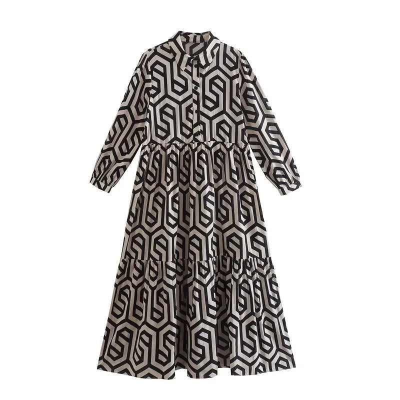 Robe à volants avec col chemise pour femme, imprimé géométrique en allover et taille froncée R&B
