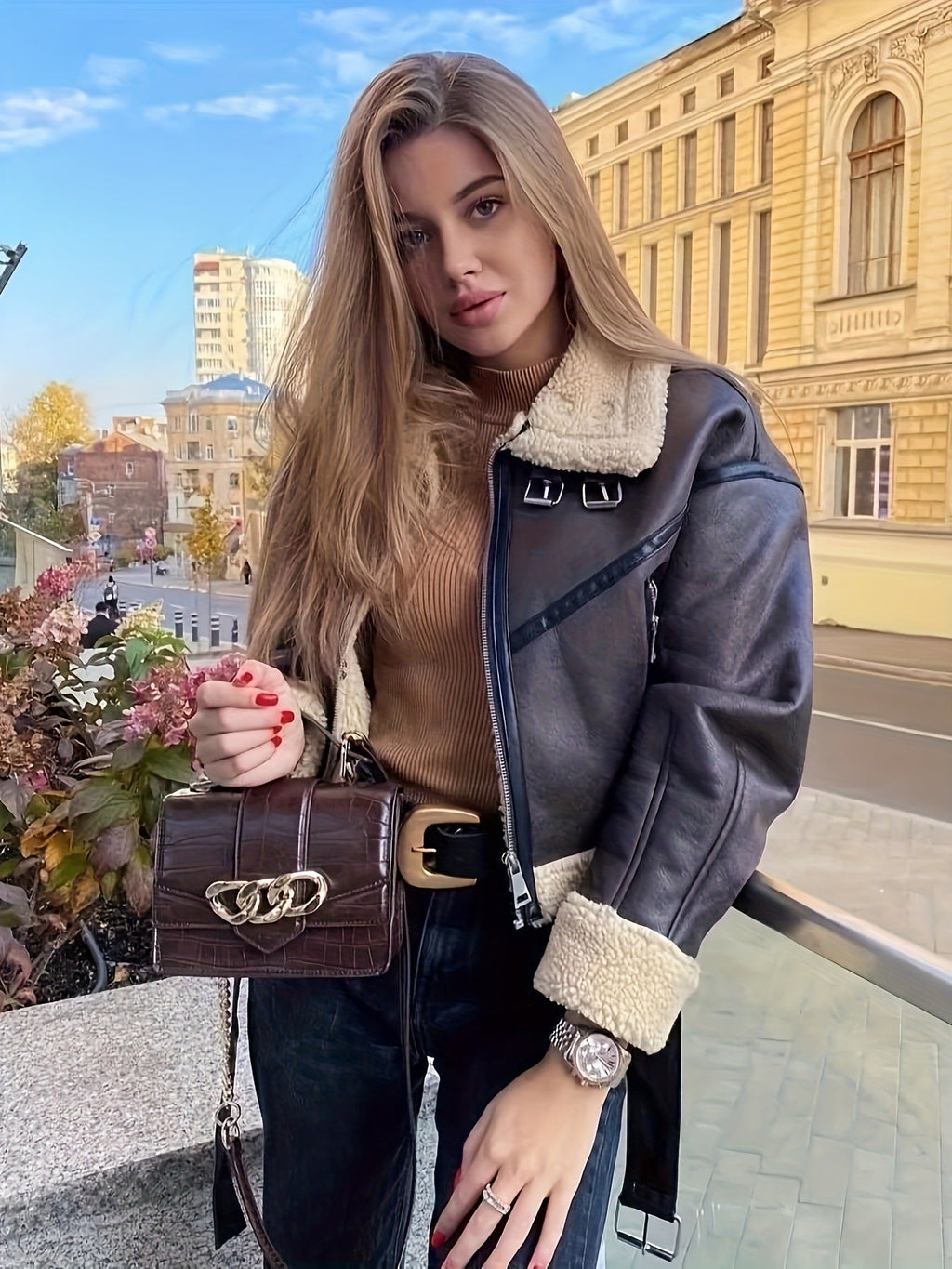 Veste en cuir tendance et élégante pour femmes avec doublure en teddy