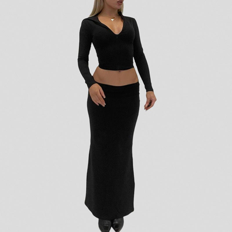 Robe maxi à manches longues pour femmes avec décolleté zippé élégant et coupe cintrée R&B