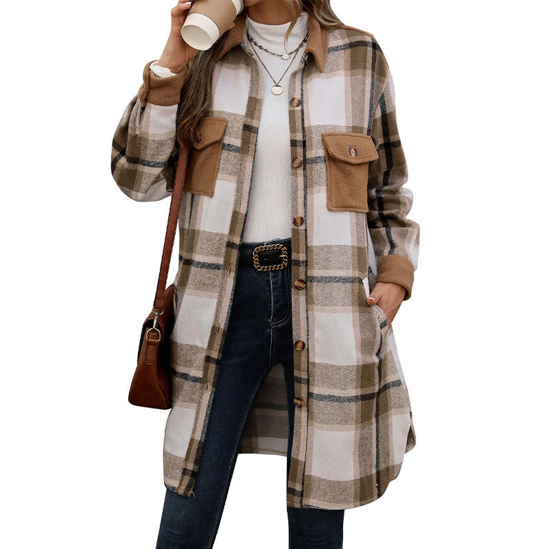 Veste à carreaux pour femme avec poches et boutons, manches longues