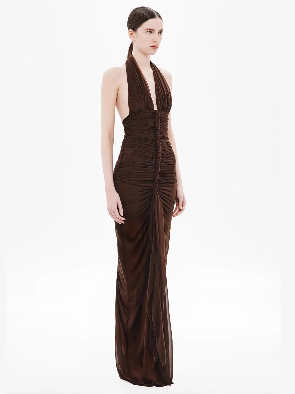 Robe maxi froncée exquise pour femmes avec décolleté en V profond et drapés élégants Heidi-Mode