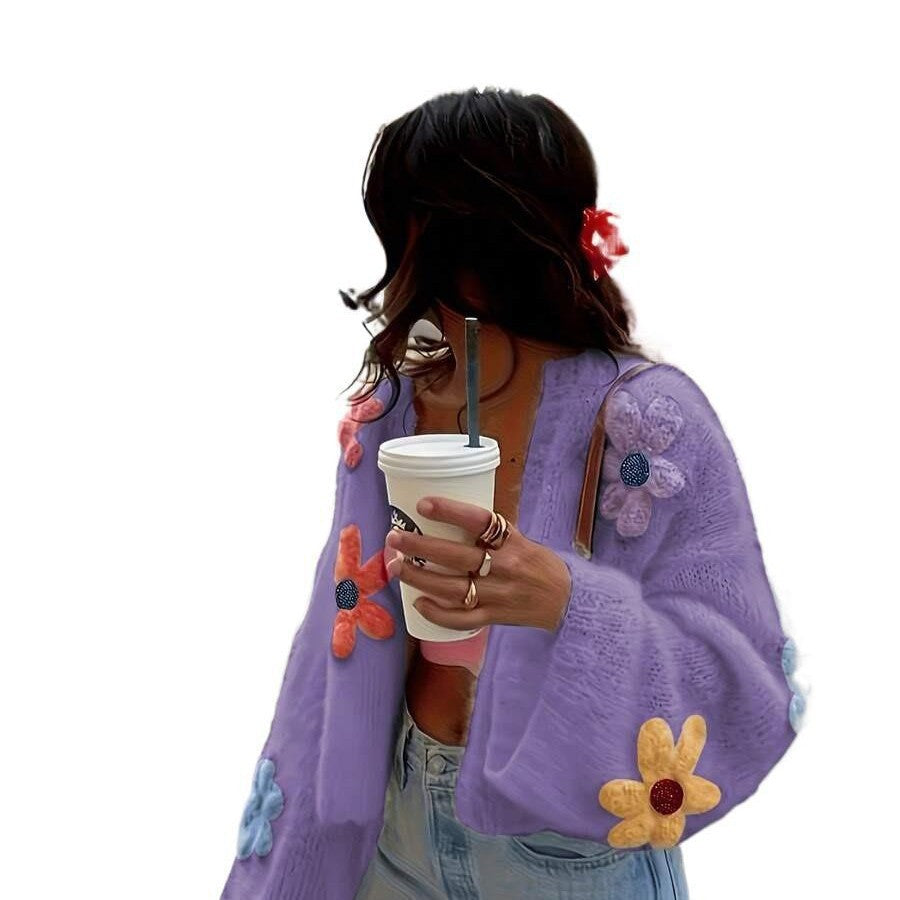 Cardigan en maille oversize pour femmes avec appliqués floraux 3D Echoarchiv