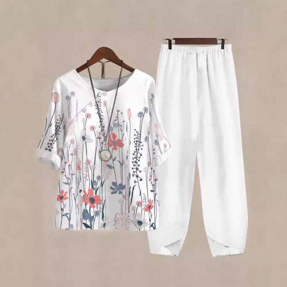 Haut de loisirs pour femmes avec motif floral et pantalon confortable R&B