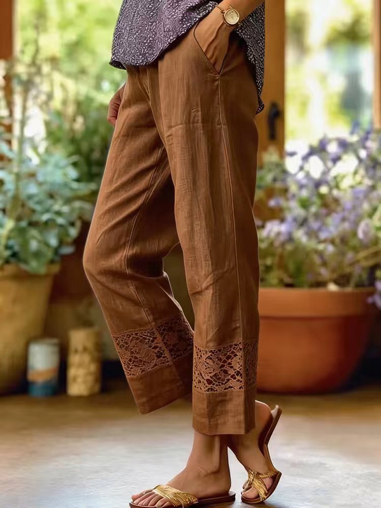 Pantalon léger en lin pour femmes avec accents en dentelle R&B