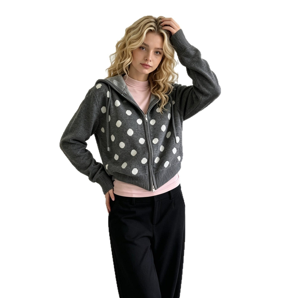 Veste à capuche pour femmes avec fermeture éclair, aspect vintage lavé et application de points discrets Echoarchiv