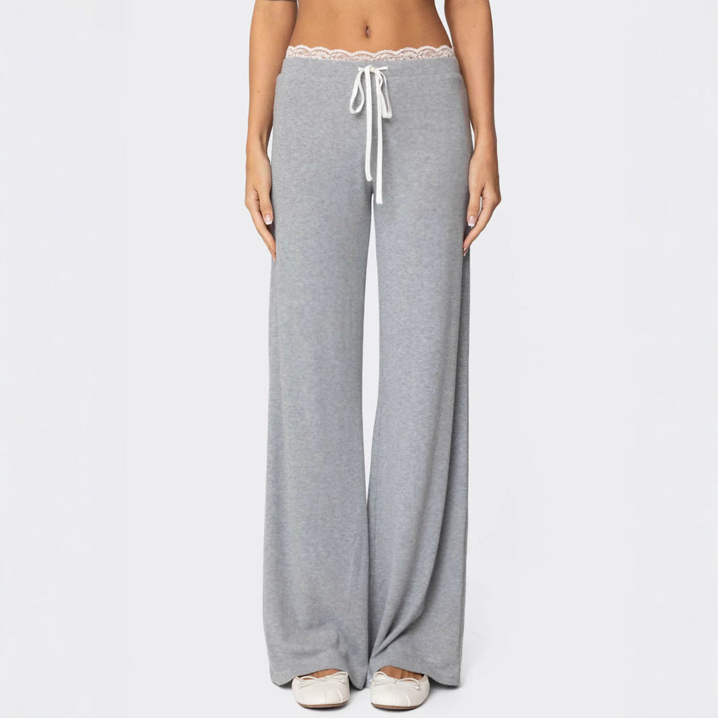 Pantalon de loisirs gris clair pour femmes avec taille élastique et finition en dentelle décorative R&B