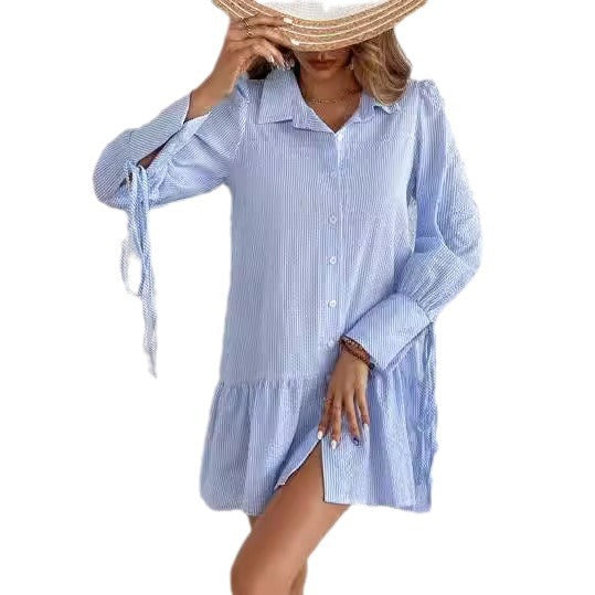 Robe chemise décontractée pour femme avec fines rayures, volants et poignets
