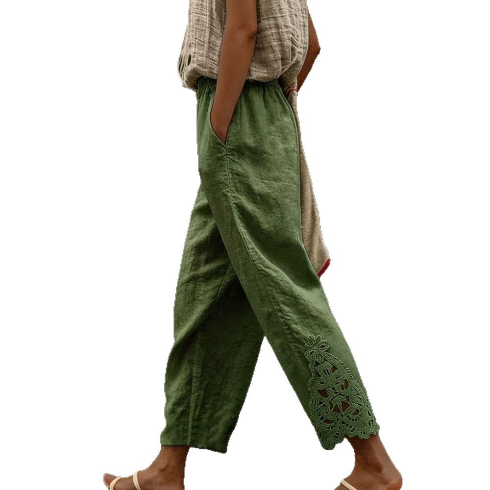 Pantalon en lin élégant pour femmes avec délicate dentelle R&B