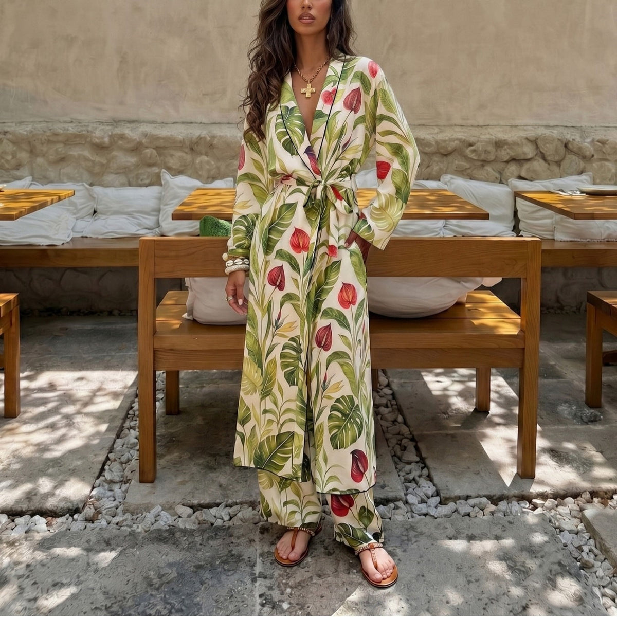 Manteau Kimono Long pour Femmes avec Ceinture à la Taille et Pantalon Palazzo Ample en Imprimé Tropical Echoarchiv