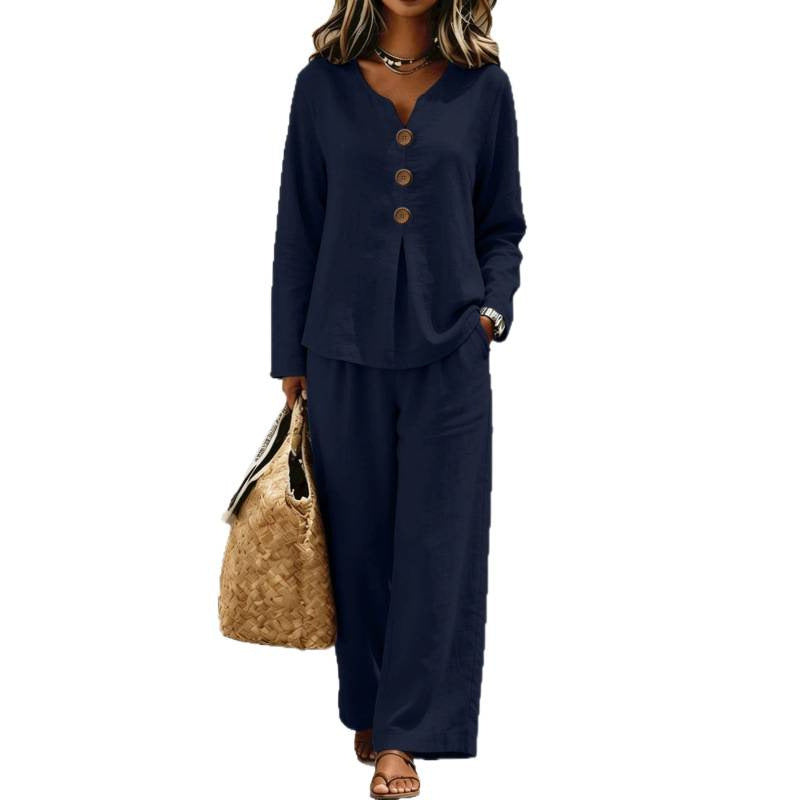 Ensemble Lounge Femme en Lin à Deux Pièces avec Décolleté en V, Blouse à Boutons et Pantalons Palazzo Echoarchiv