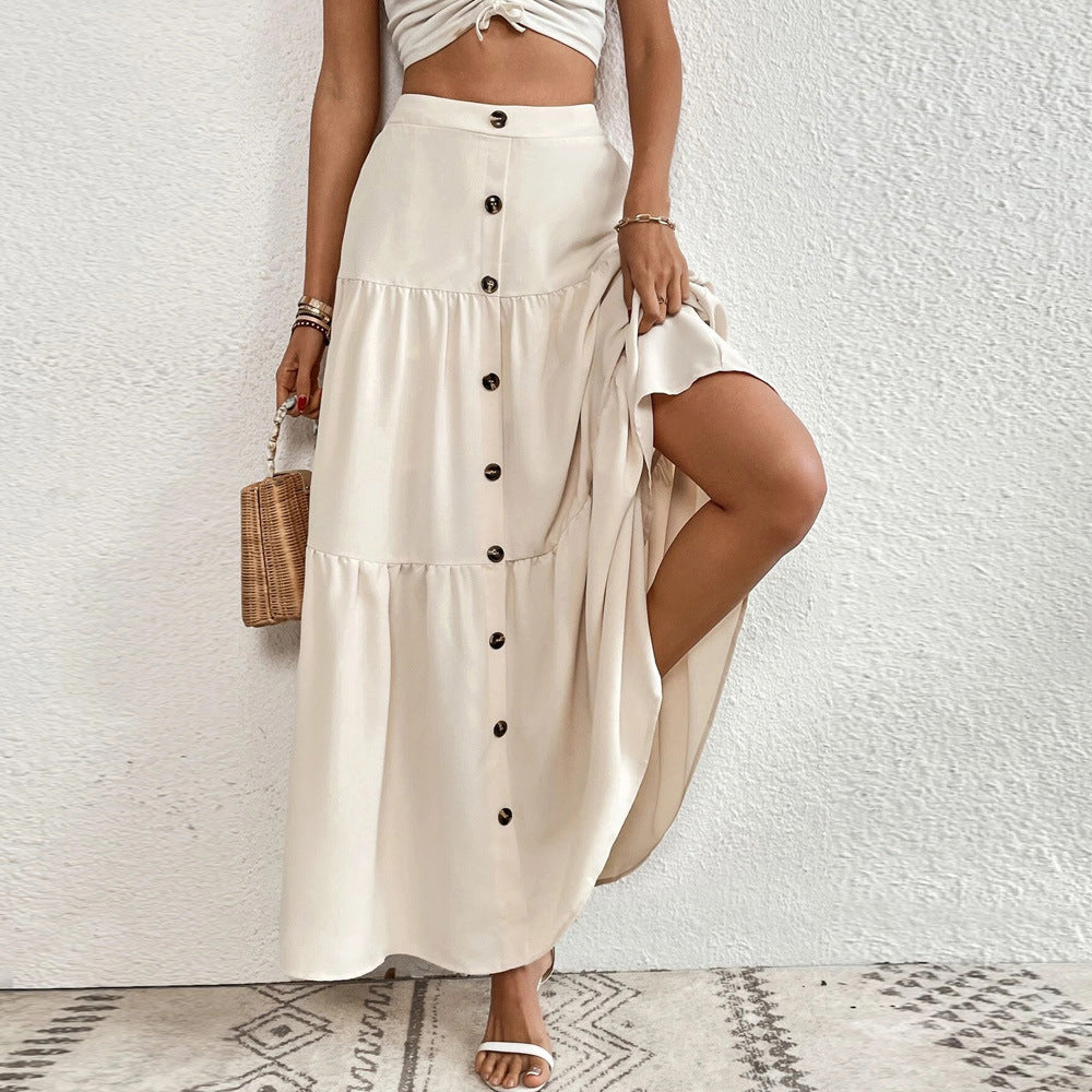 Jupe maxi à volants aérienne pour femme avec boutonnage intégral, taille haute et fente latérale