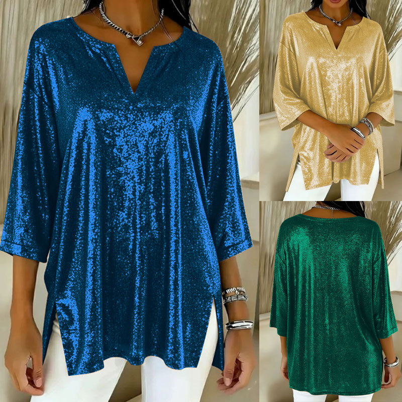 Blouse tunique scintillante pour femmes avec décolleté en V, manches chauve-souris et fentes latérales Echoarchiv