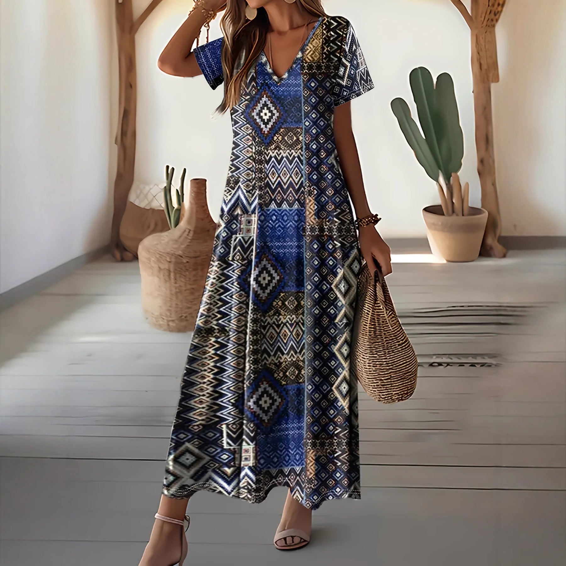 Robe maxi femme avec motif géométrique et décolleté en V R&B